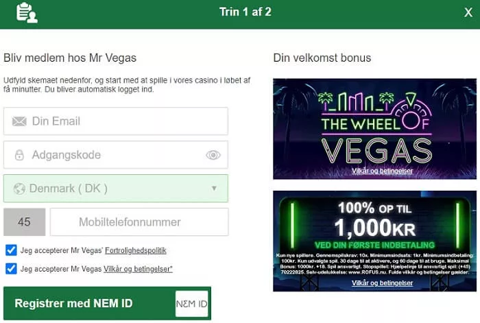 Mr Vegas opret konto