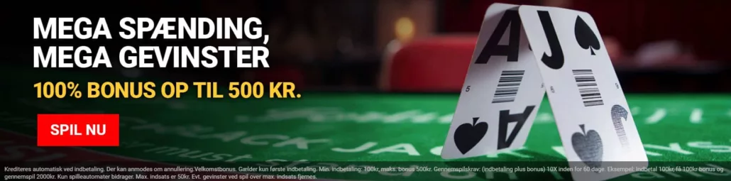 Mega Casino Bonus 100% op til 500 kroner